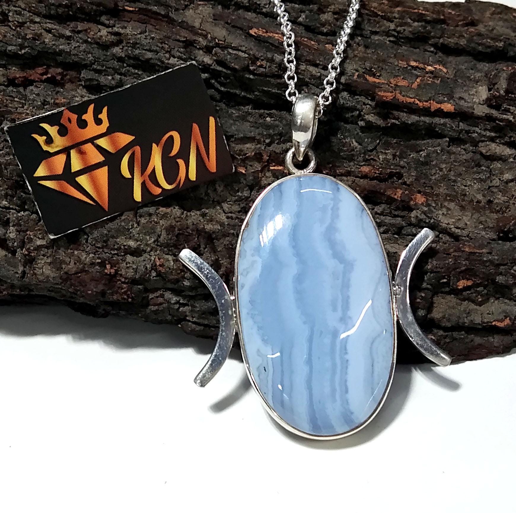 Natural Blue Lace Agate Gemstone Chain Pendant, 925 Sterling Silver Pendant Jewelry, Silver Designer Handmade Pendant, Gift Birthday Pendant